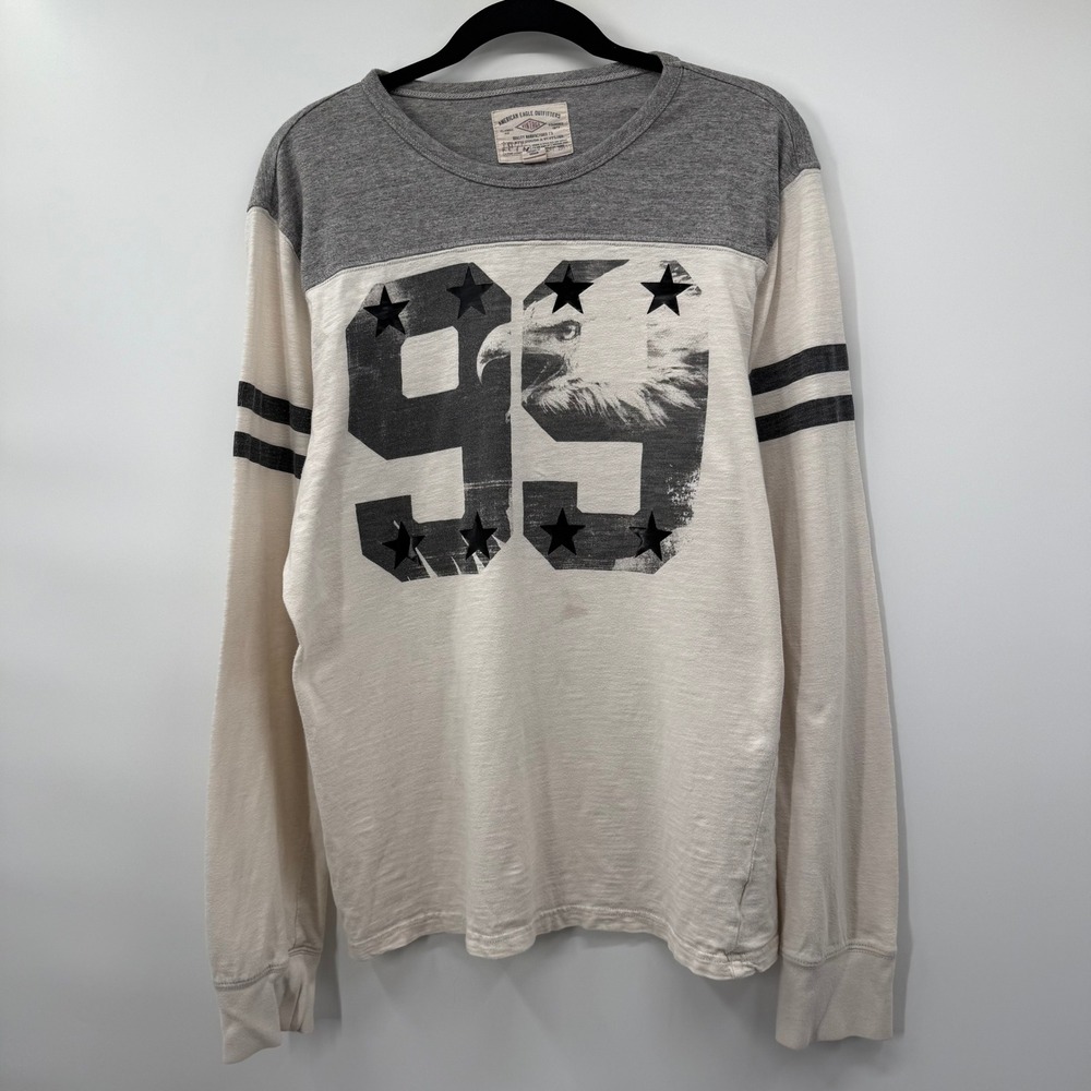 American Eagle Mens Large Long Sleeve Shirt Cream Grey Eagle 99 Graphic Athletic